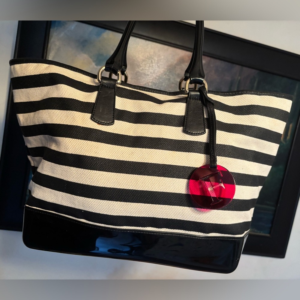 Furla Black and White Striped Canvas Tote with Black Patent Trim